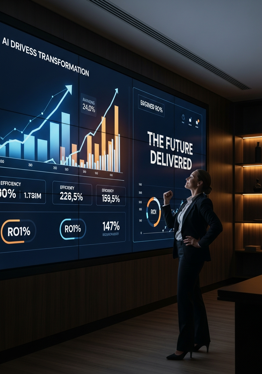 An executive standing in front of measurable AI-enabled results